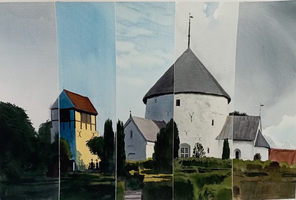 Expozice akvarelů na výstavě na Bornholmu, zaměřená na zachycení krajiny a přírody ostrova.